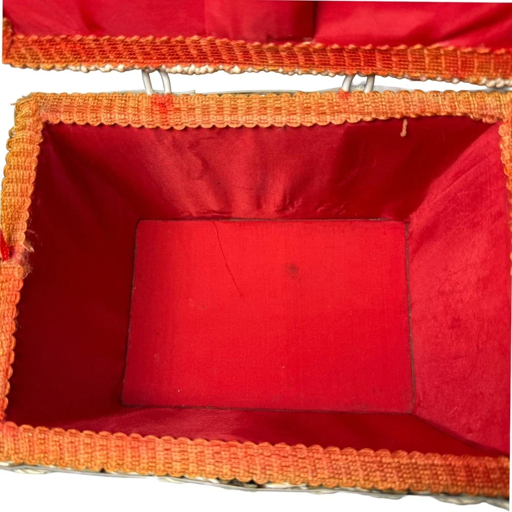 Mid Century Wicker Sewing Basket Floral Fabric Red Satin Lining Cottagecore